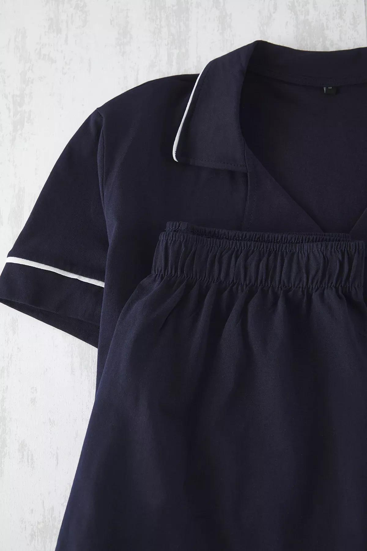 Navy Buttoned Piping Pajama Shorts Set, , large image number 2