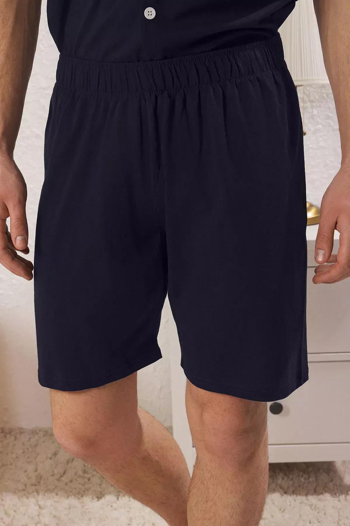 Navy Buttoned Piping Pajama Shorts Set, Navy blue, large image number 4