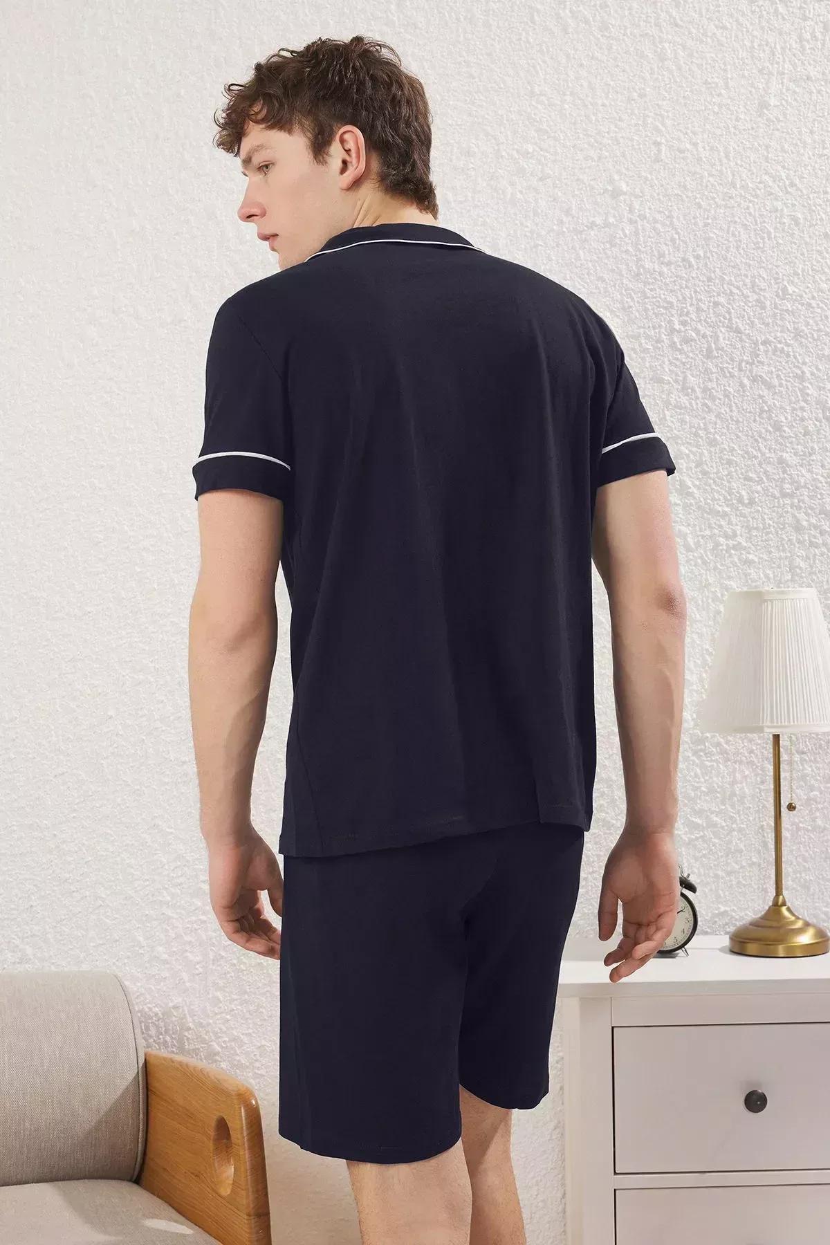 Navy Buttoned Piping Pajama Shorts Set, Navy blue, large image number 5