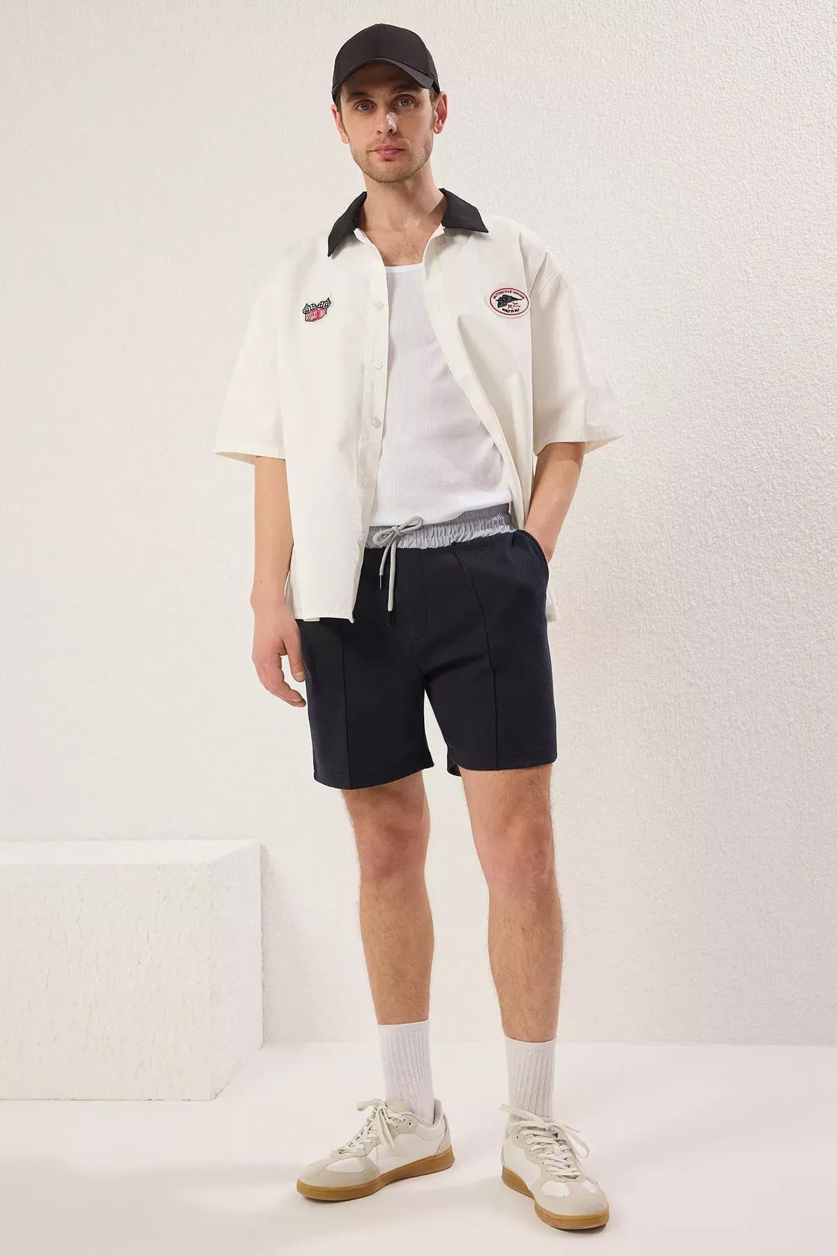 Navy Textured Pique Shorts, Navy blue, large image number 1