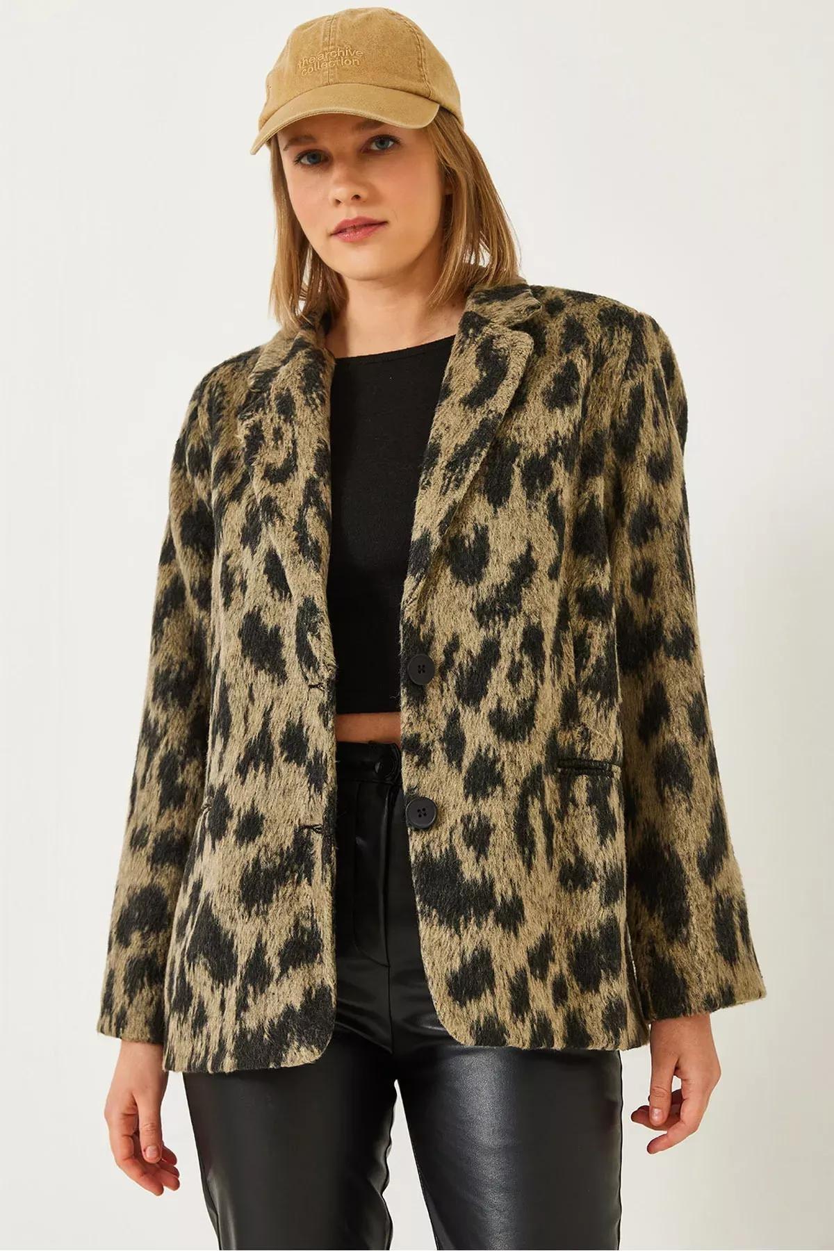 Leopard Print Blazer Dc 241017, Black-Beige, large image number 0
