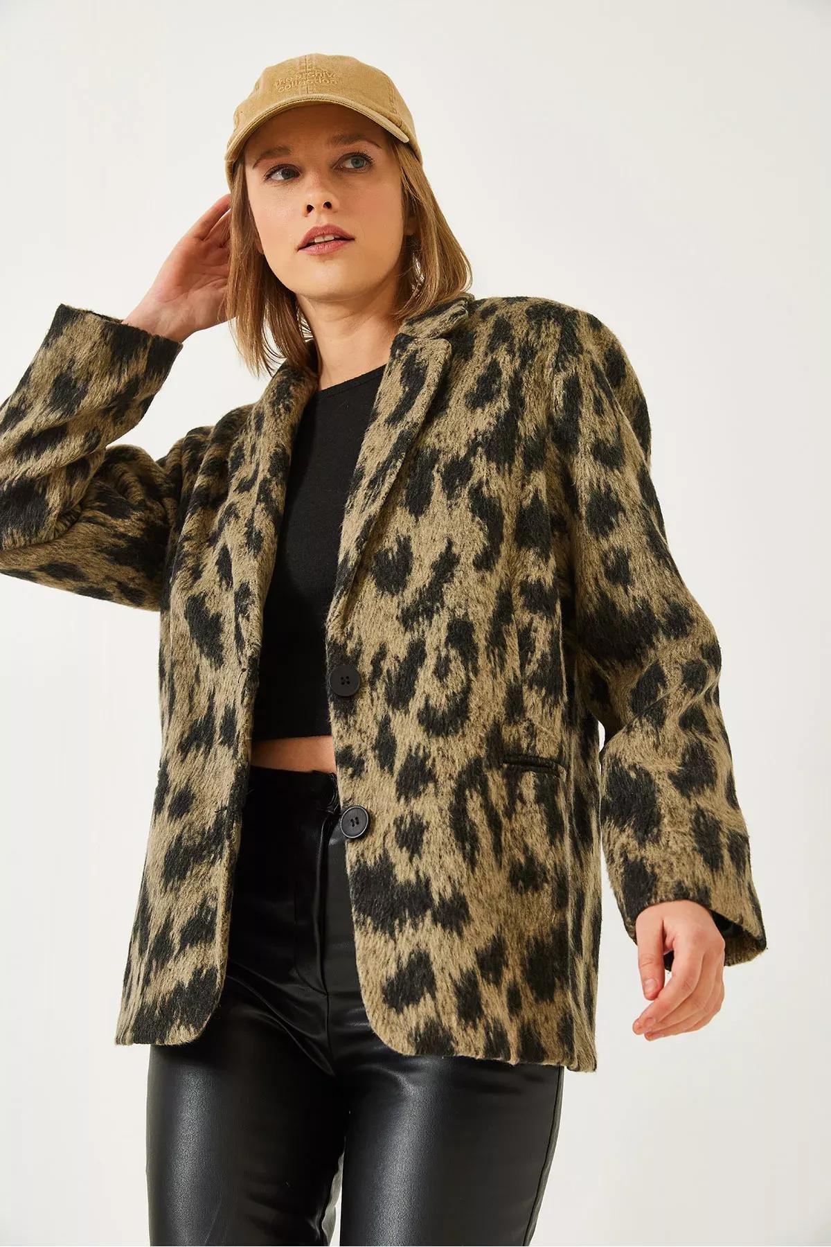 Leopard Print Blazer Dc 241017, Black-Beige, large image number 1