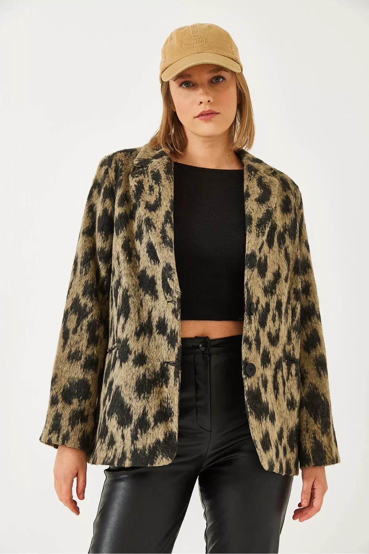 Leopard Print Blazer Dc 241017, Black-Beige, large image number 3