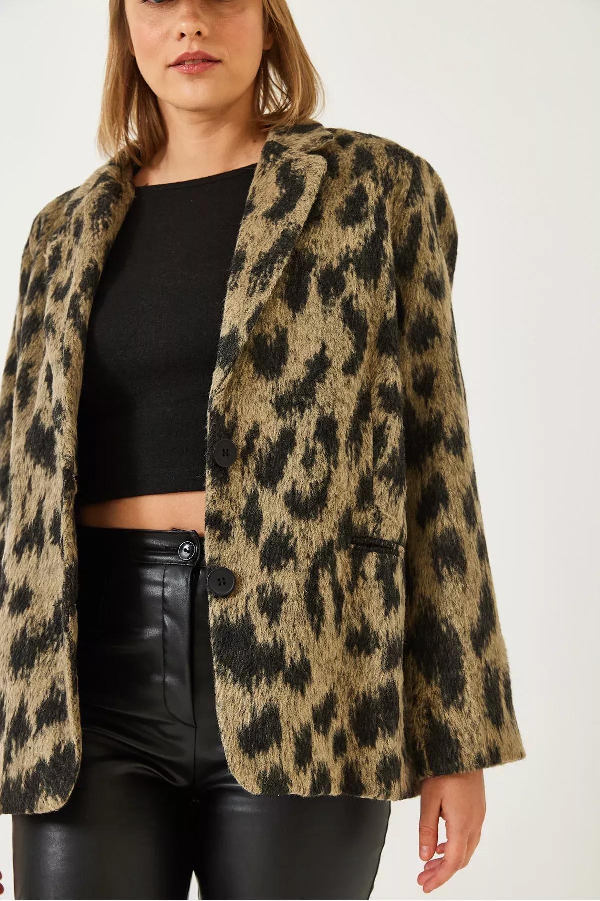 Leopard Print Blazer Dc 241017, Black-Beige, large image number 4