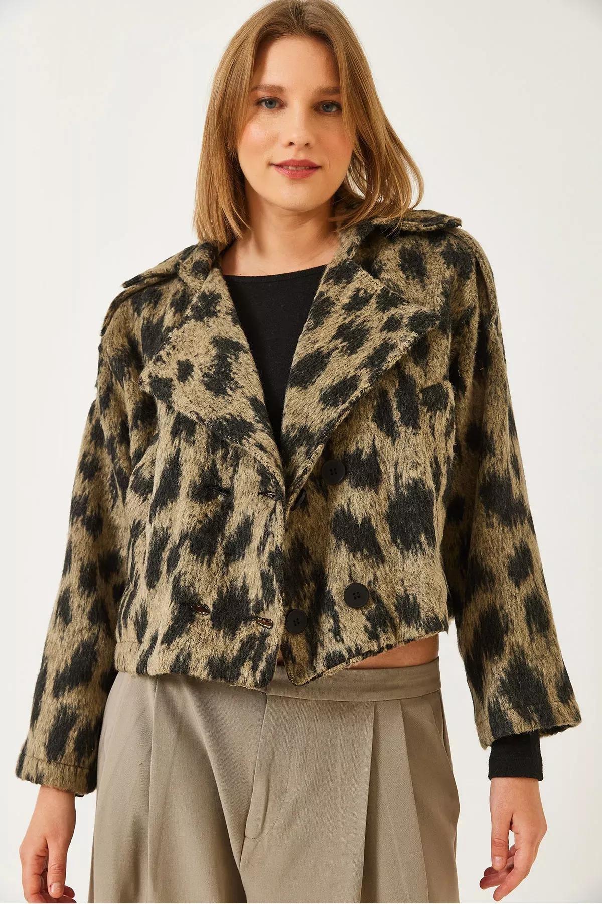 Brown Leopard Print Jacket, Black-Beige, large image number 0