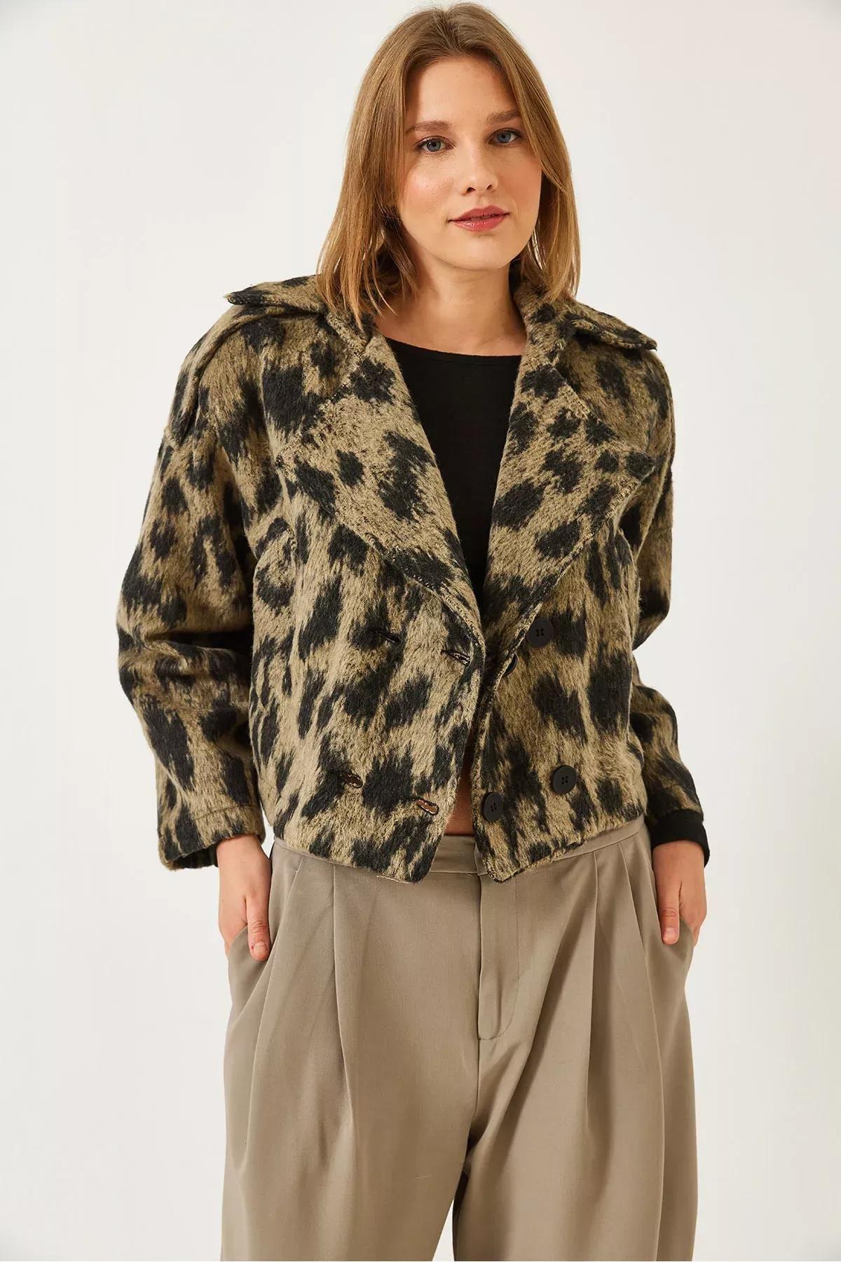 Brown Leopard Print Jacket, Black-Beige, large image number 2