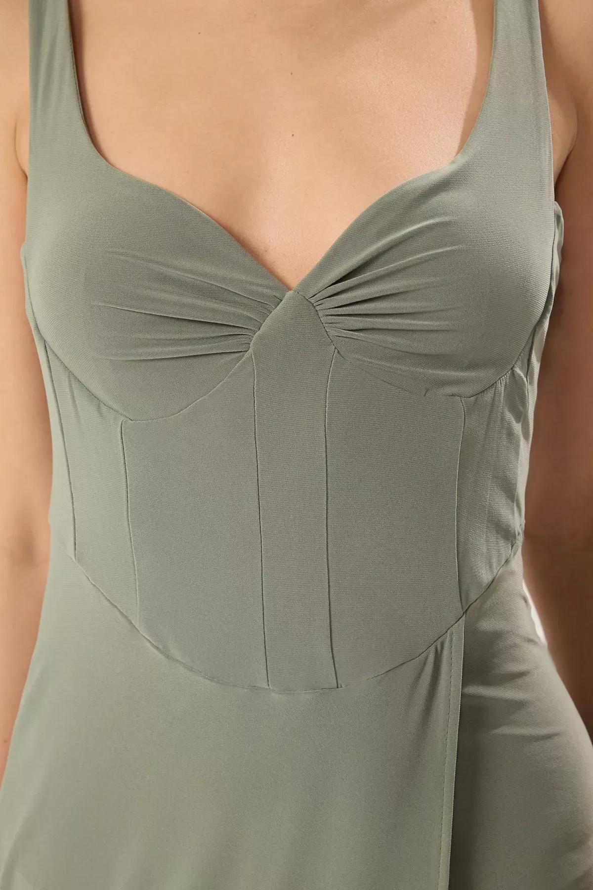 Khaki Gather Drape Midi Dress, Khaki, large image number 2