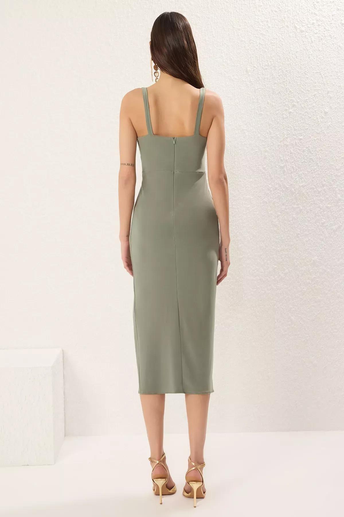 Khaki Gather Drape Midi Dress, Khaki, large image number 3