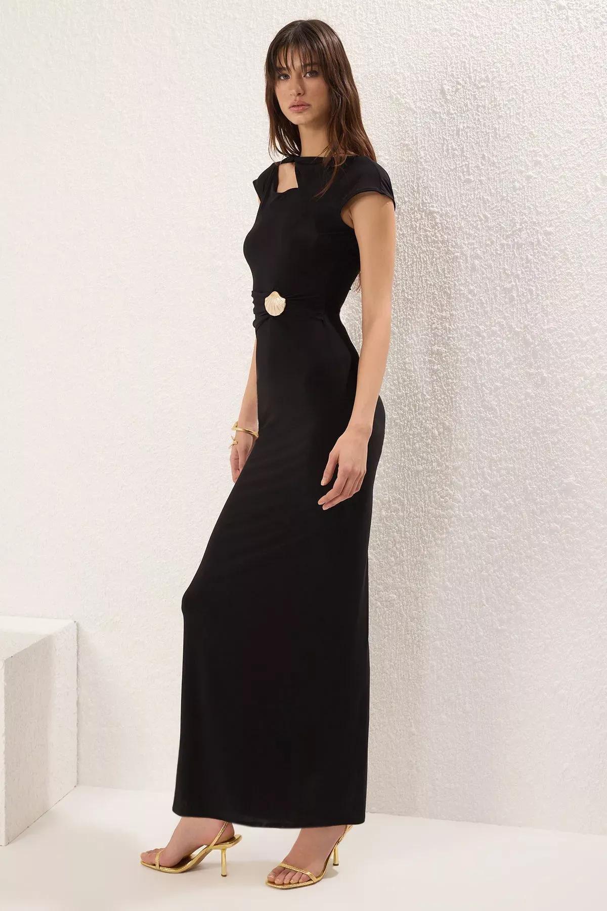 Black Accessory Detailed Occasionwear Dress, BLACK, large image number 0