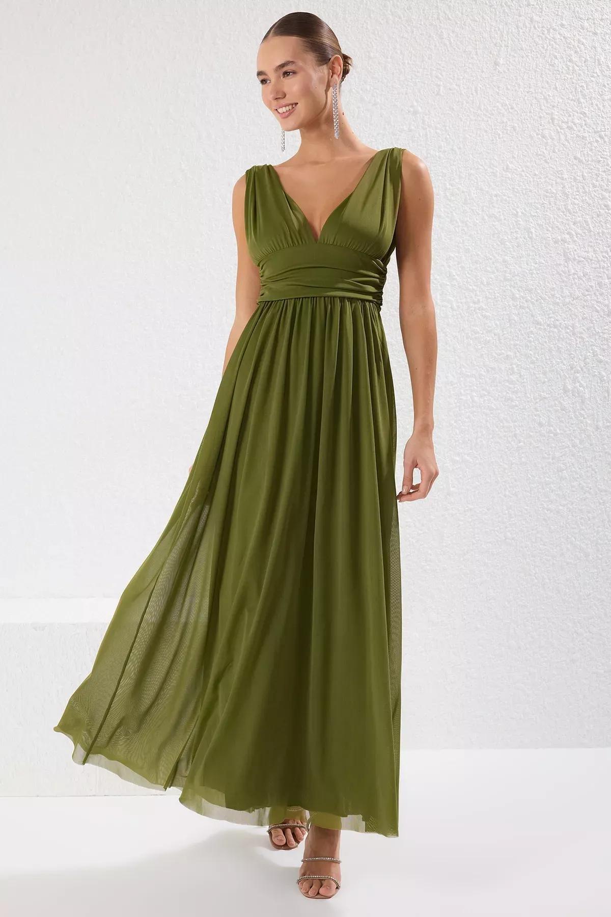 Green A-Line V-Neck Occasionwear Dress, , large image number 0