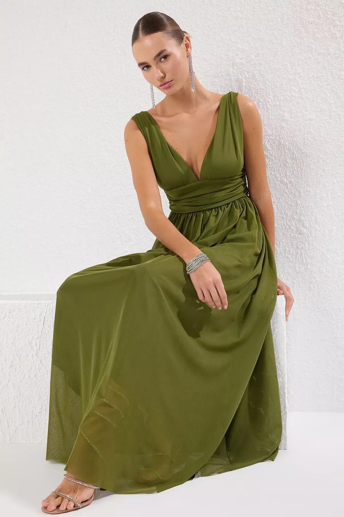 Green A-Line V-Neck Occasionwear Dress, OIL GREEN, medium
