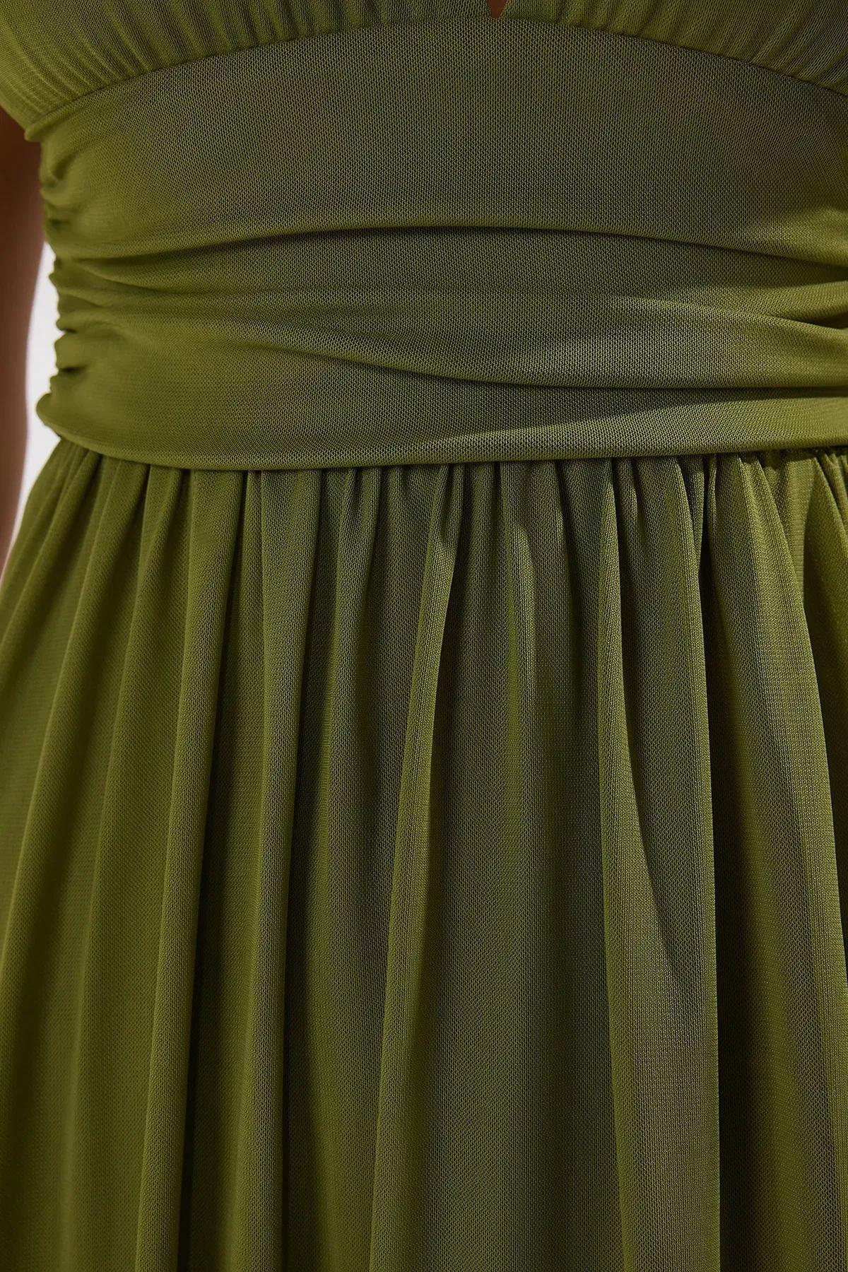 Green A-Line V-Neck Occasionwear Dress, , large image number 2