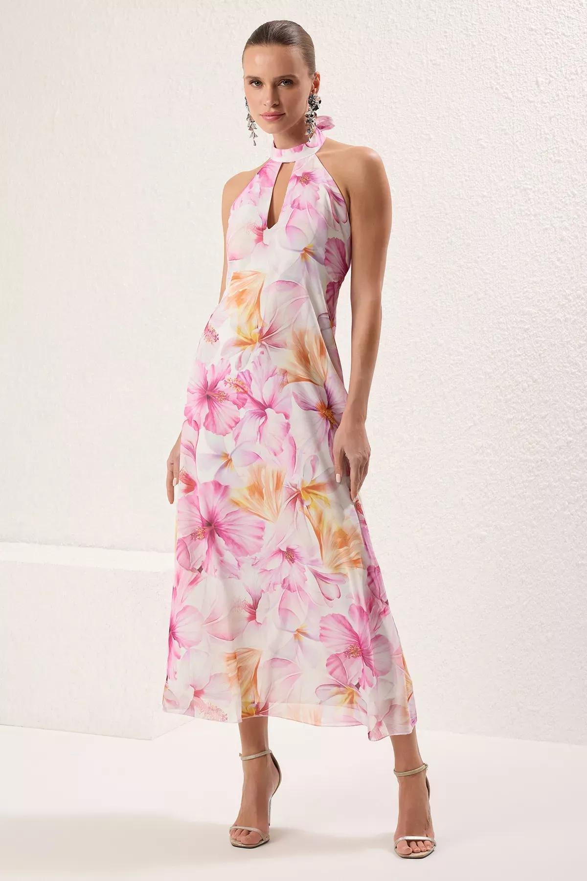Pink Floral Chiffon Midi Dress, Pink-Multicolor, large image number 0