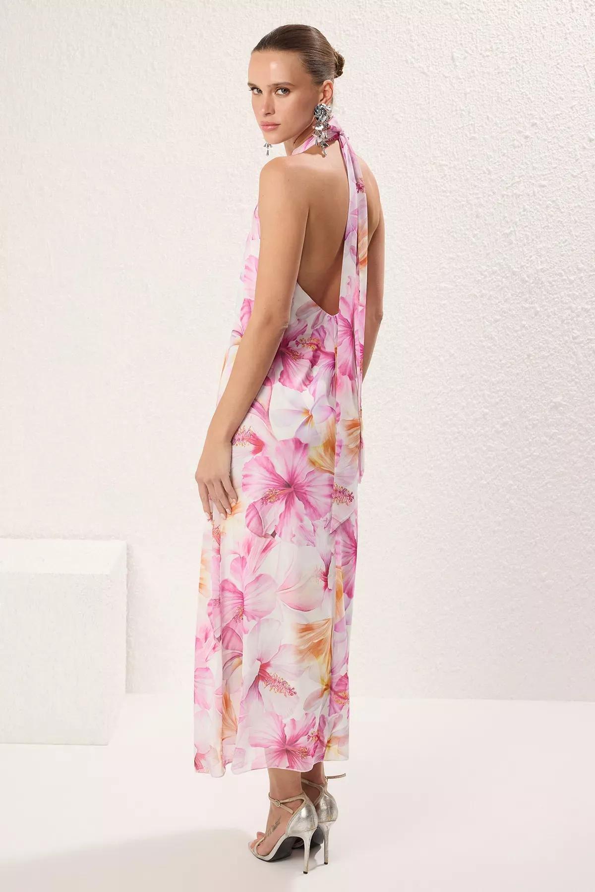 Pink Floral Chiffon Midi Dress, Pink-Multicolor, large image number 1