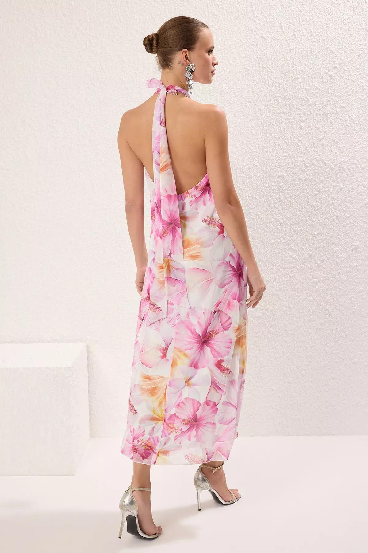 Pink Floral Chiffon Midi Dress, Pink-Multicolor, large image number 3