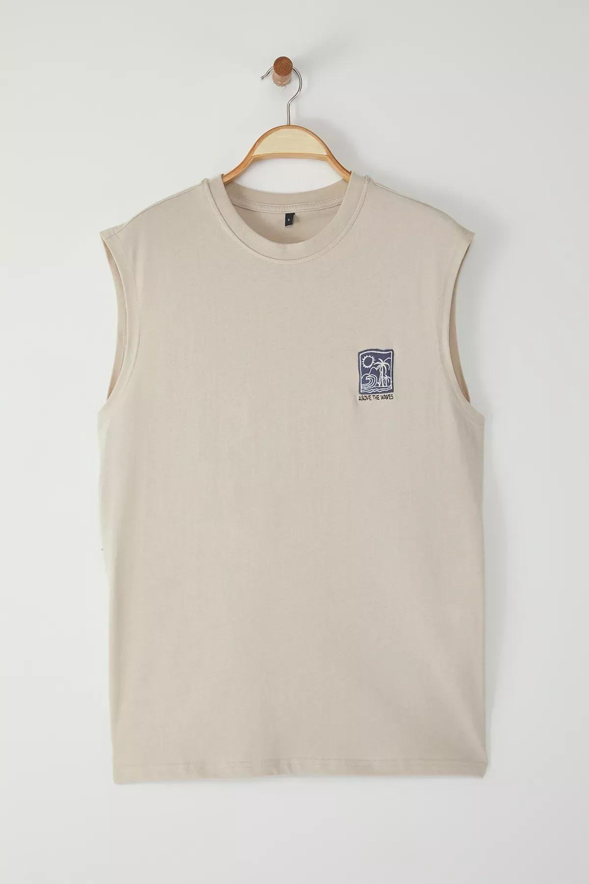 Beige Embroidered Undershirt, STONE, medium