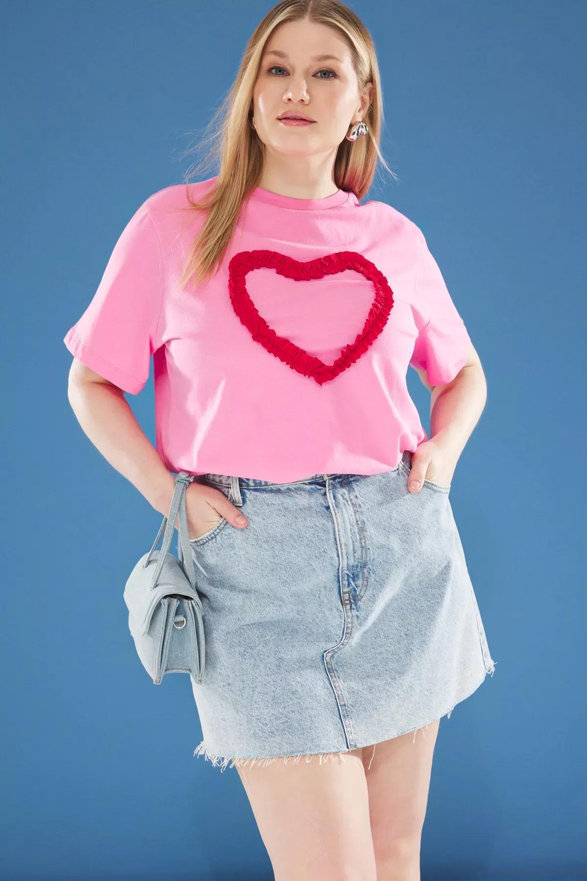 Pink Ruffled Detailed Plus-Size T-Shirt, C101_7329, large image number 0