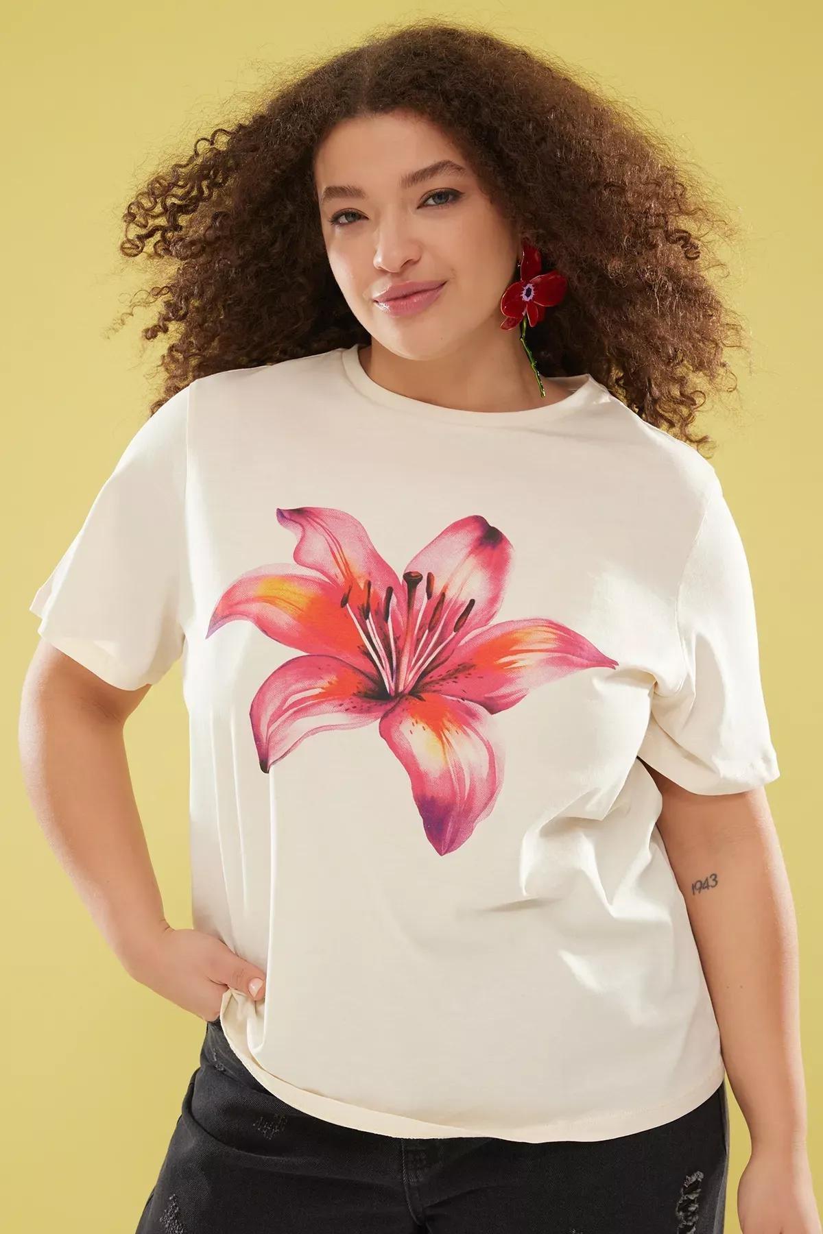 Grey Loose Fit Floral T-Shirt, STONE, large image number 1
