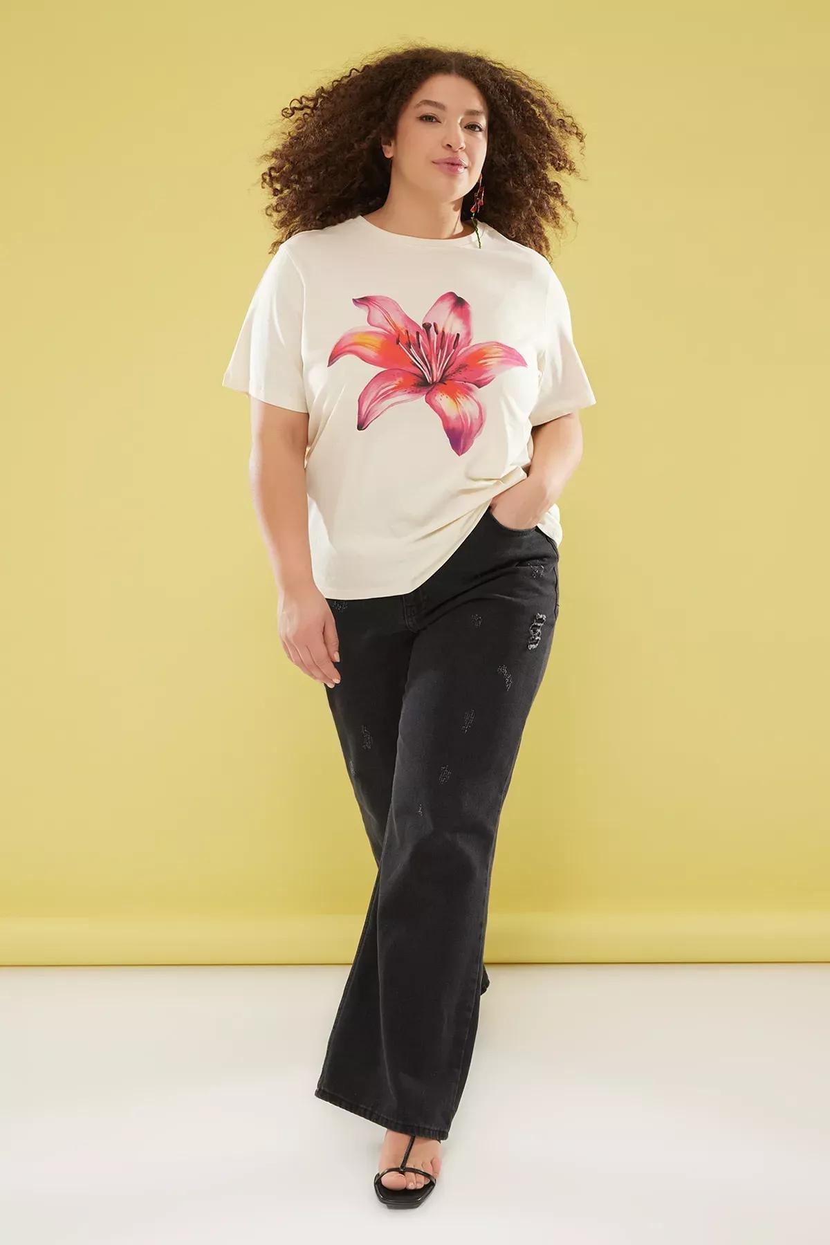 Grey Loose Fit Floral T-Shirt, STONE, large image number 2