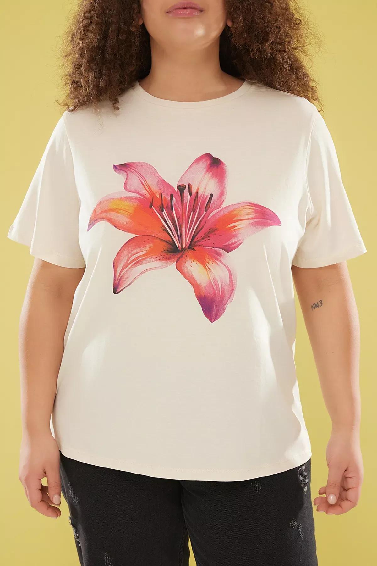 Grey Loose Fit Floral T-Shirt, STONE, large image number 3