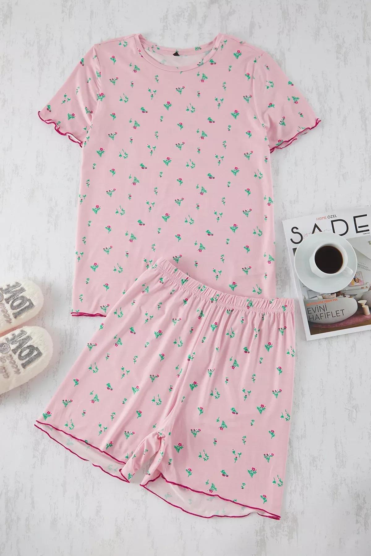 Pink Floral Patterned Knitted Pyjamas Set, C101_7329, large image number 0