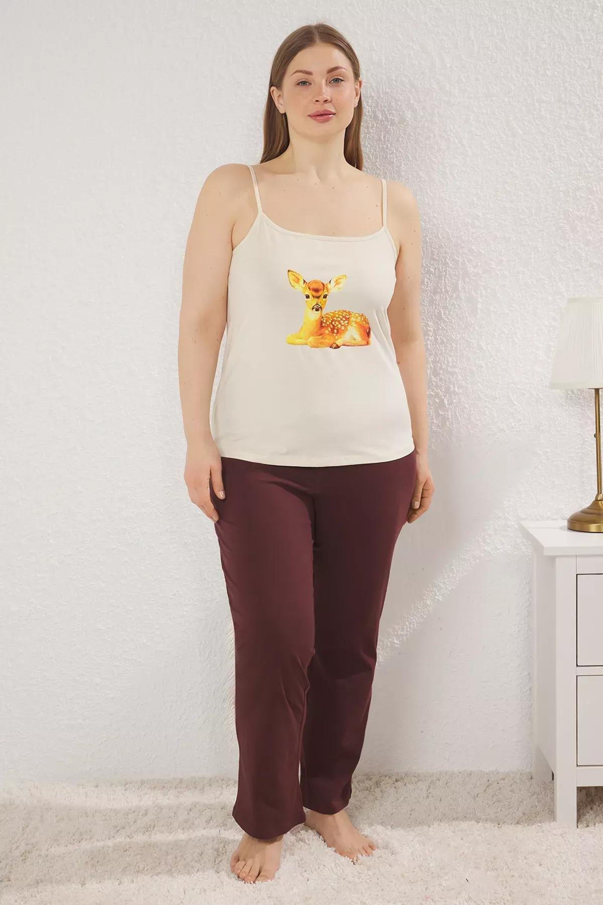 Brown Patterned Strap Knitted Pyjamas Set, Brown, large image number 0