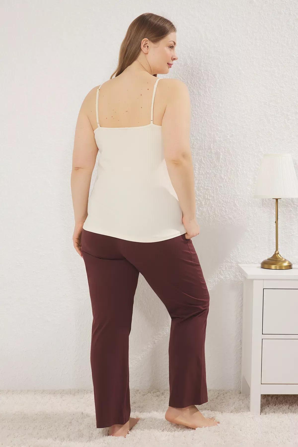 Brown Patterned Strap Knitted Pyjamas Set, Brown, large image number 3