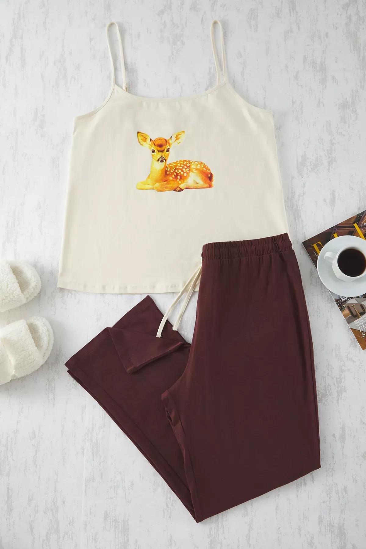 Brown Patterned Strap Knitted Pyjamas Set, Brown, large image number 4