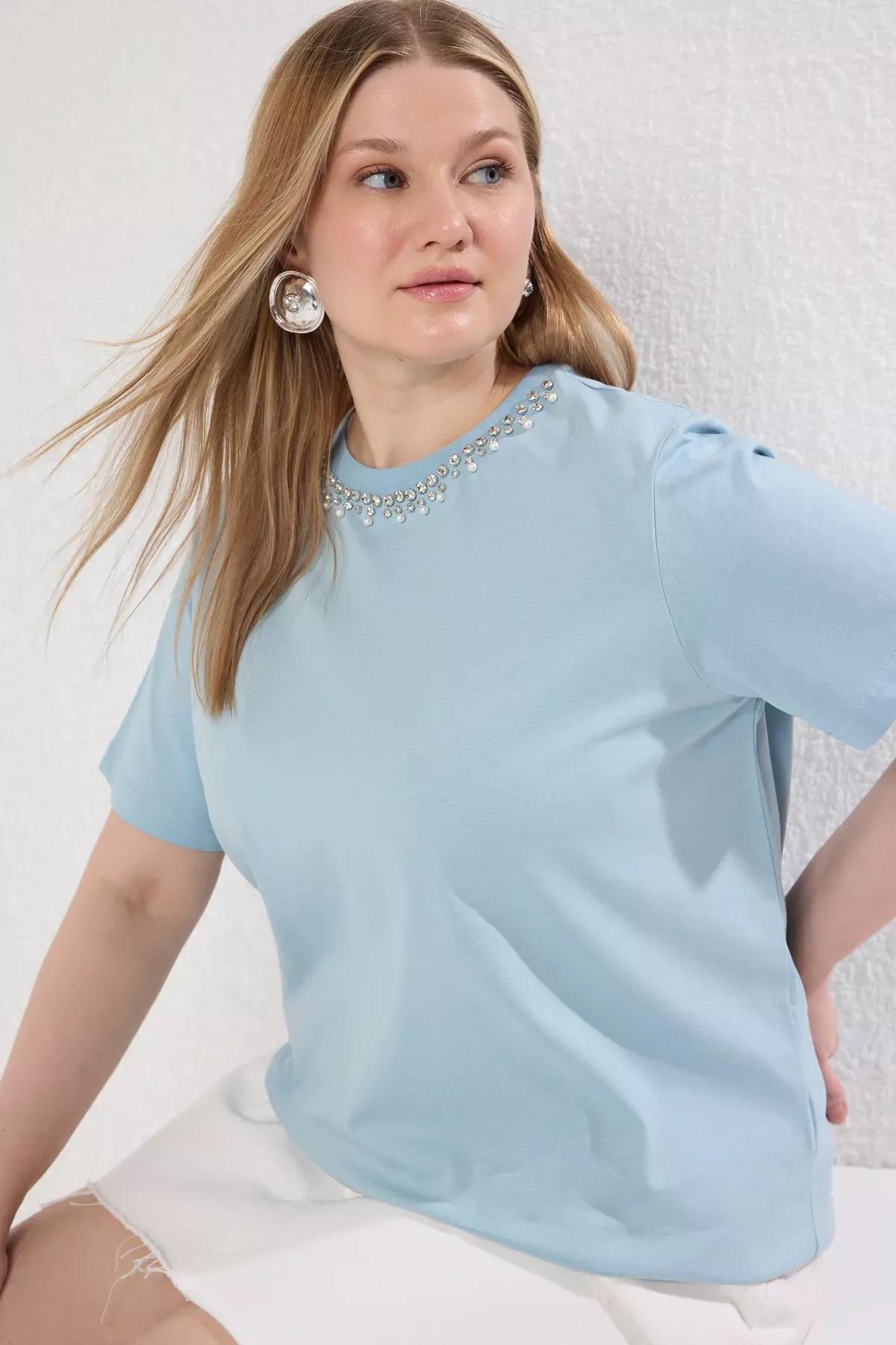 Blue Collar Stoned Boyfriend Fit 100% Cotton Knitted Plus Size T-shirt TBBSS25BF00021, , large image number 1