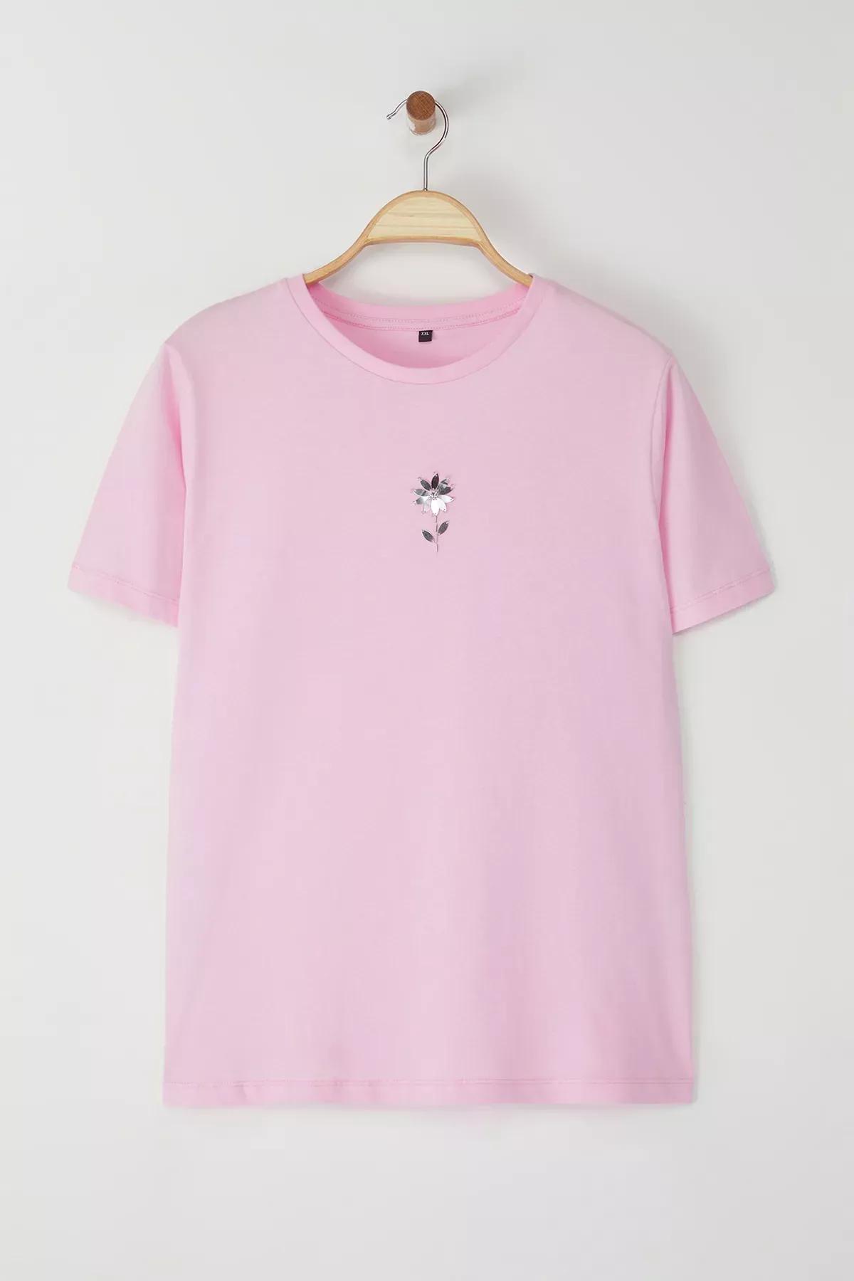 Pink Crew Neck Floral Embroidered Plus-Size T-Shirt, , large image number 0