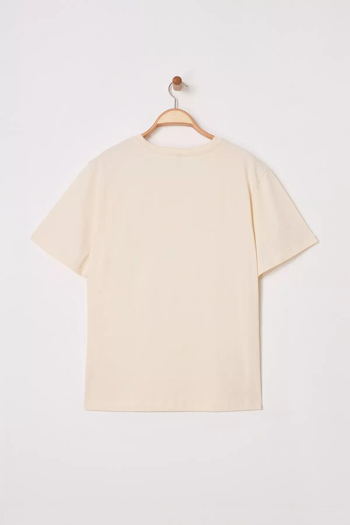 Beige Crew Neck Floral Plus-Size T-Shirt, , large image number 5