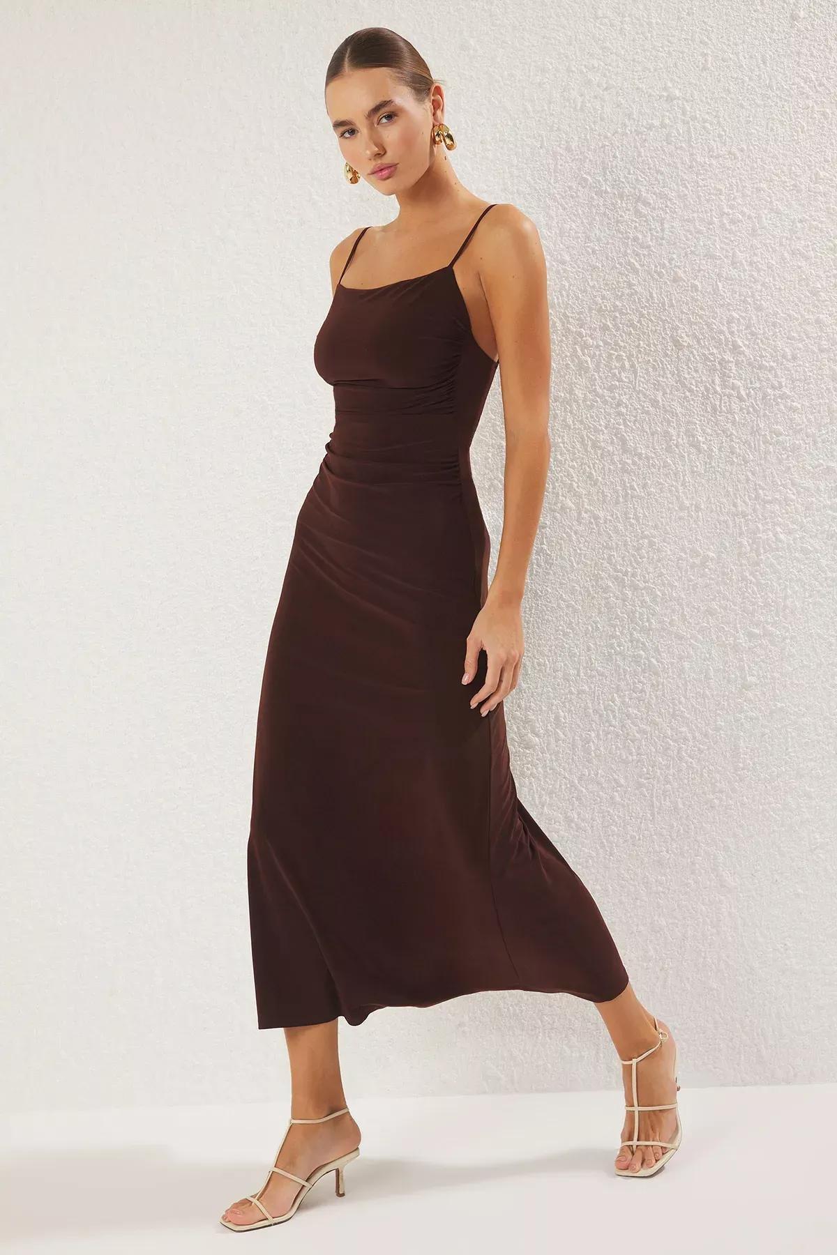 Brown Strapless A-Line Maxi Dress, Brown, large image number 0