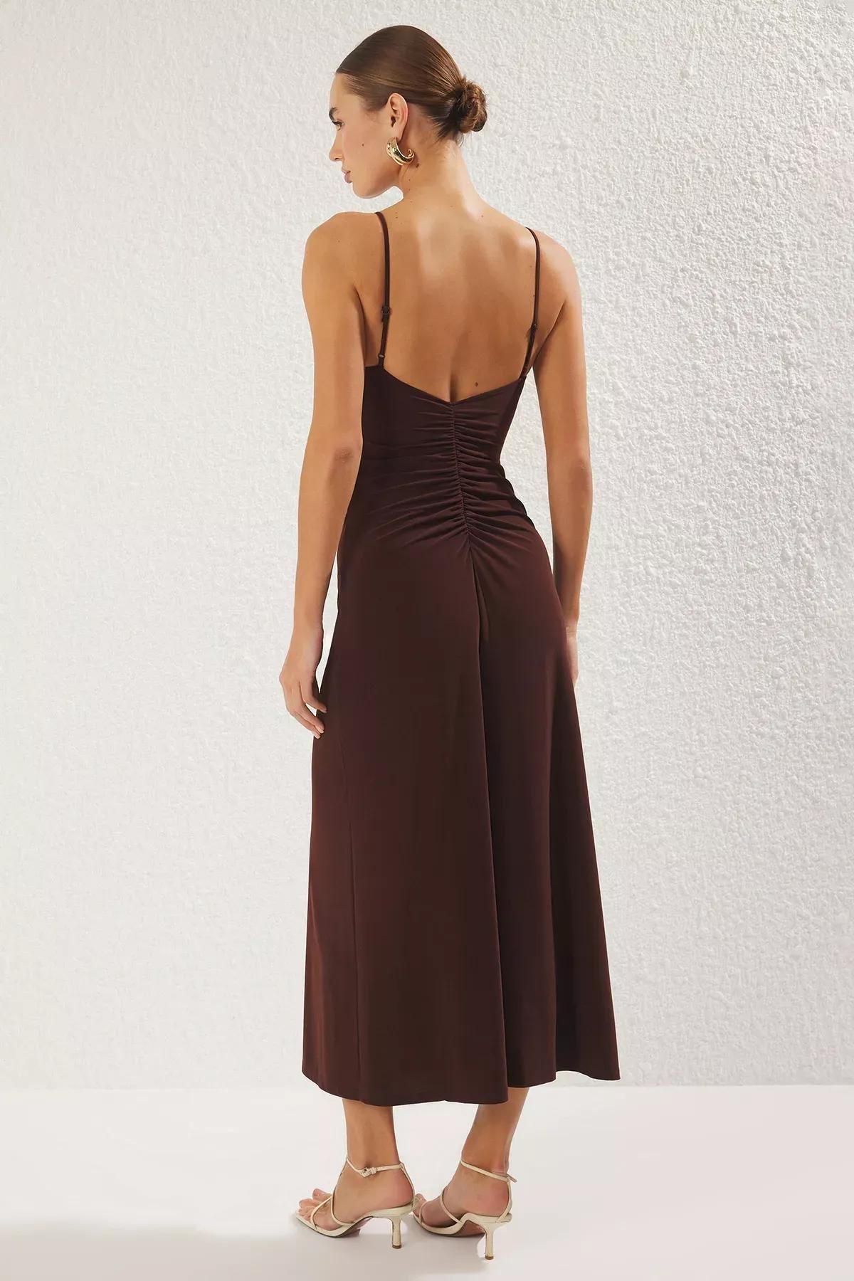 Brown Strapless A-Line Maxi Dress, Brown, large image number 3