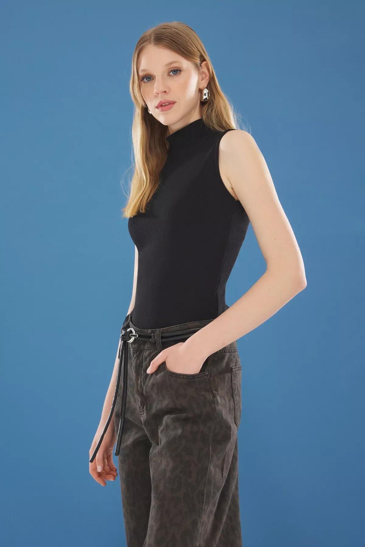 Black Stand Collar Knit Blouse, , large image number 0