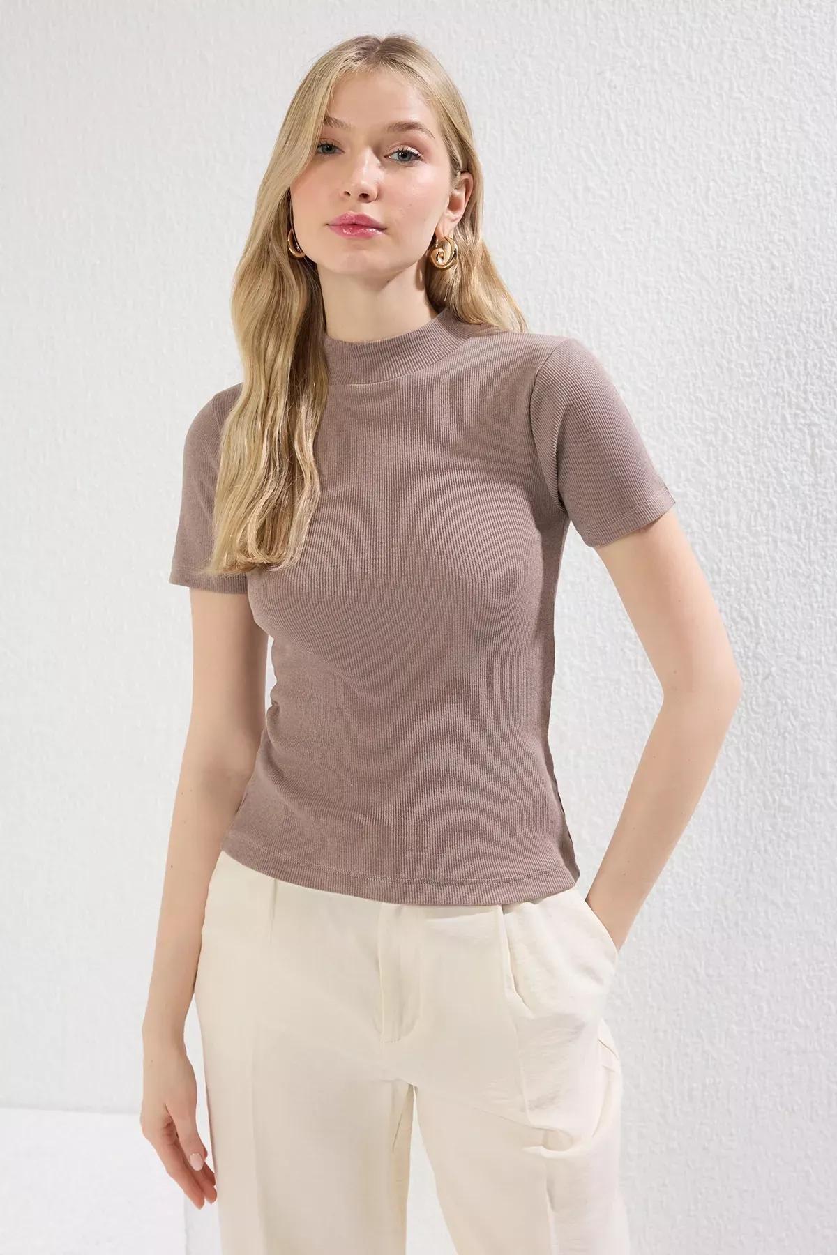Beige Stand Collar Knit Blouse, STONE, large image number 0
