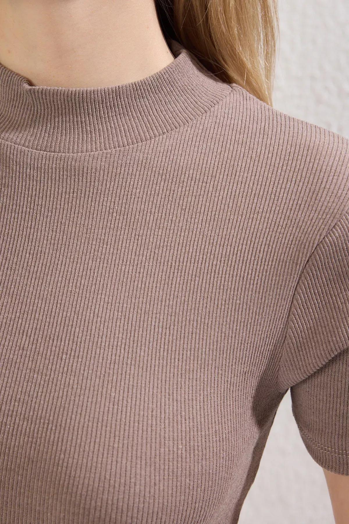 Beige Stand Collar Knit Blouse, STONE, large image number 3