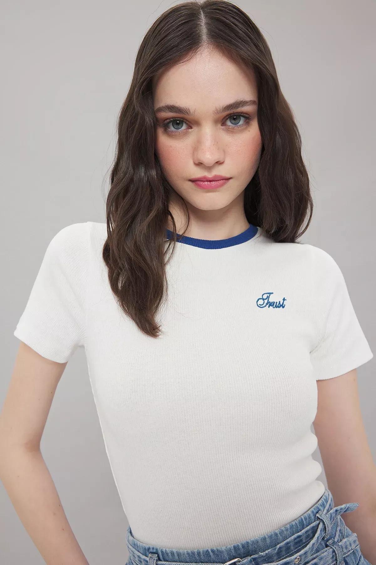 Beige Slogan Ribbed Knit Blouse, Ecru, large image number 1