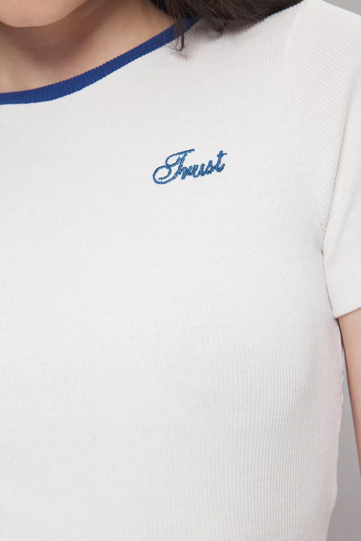 Beige Slogan Ribbed Knit Blouse, Ecru, large image number 2