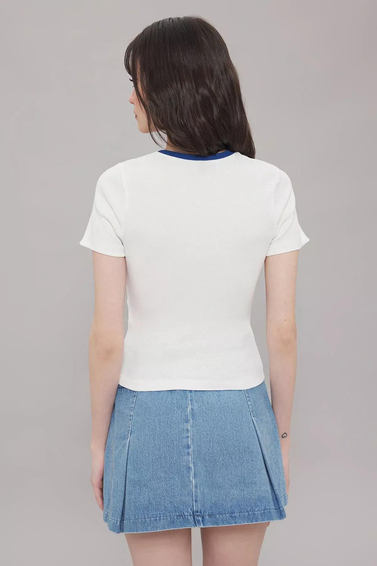 Beige Slogan Ribbed Knit Blouse, Ecru, large image number 3