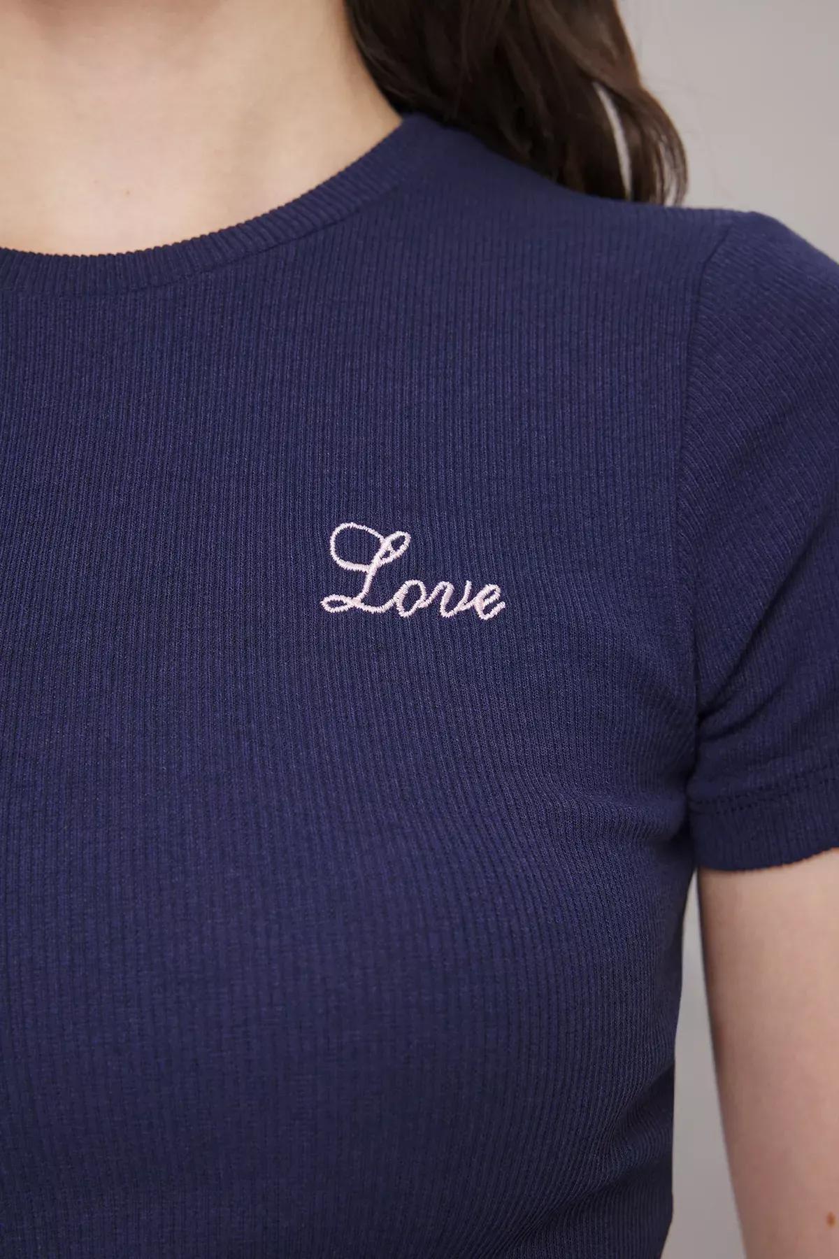 Navy Slogan Embroidered Knit Blouse, Navy blue, large image number 2