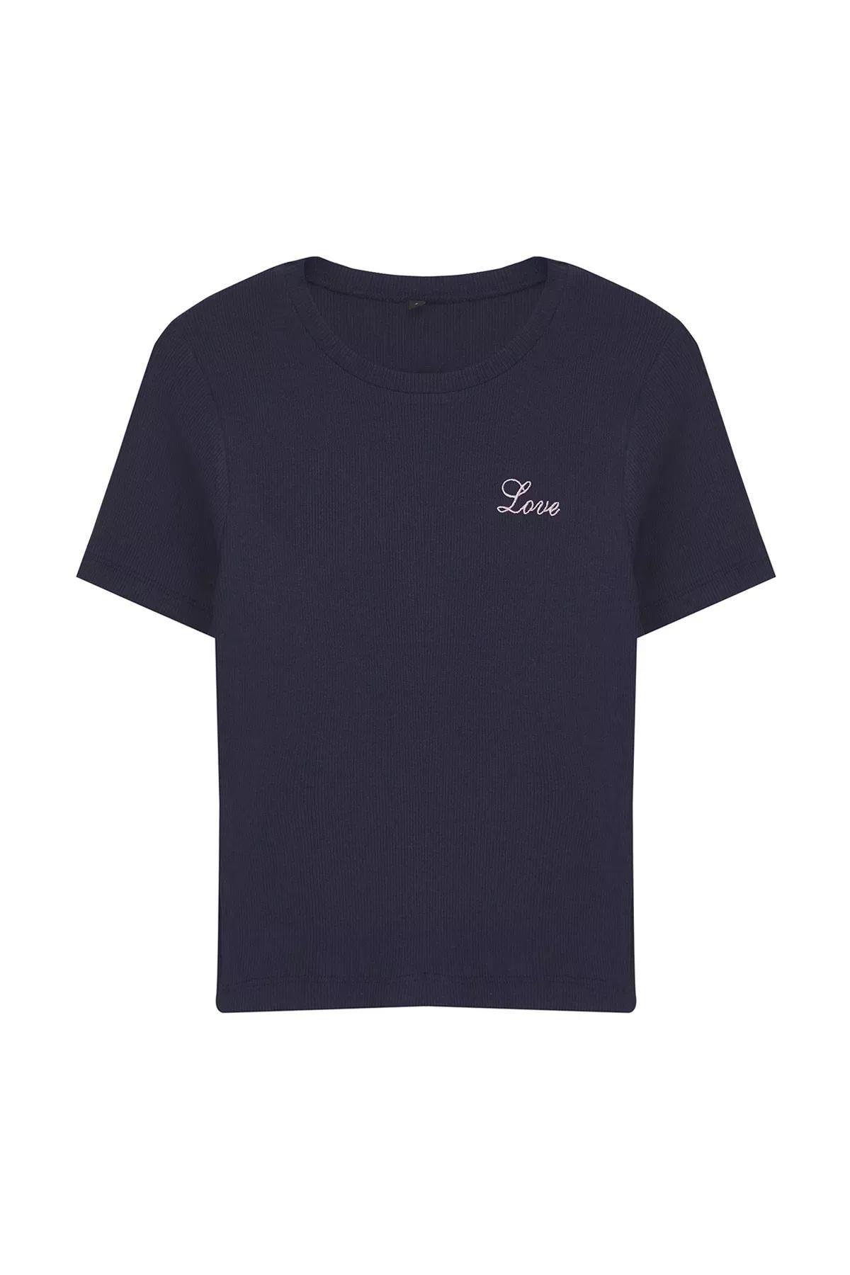 بلوزة مُحاكة مطرزة بعلامة، كحلي, Navy blue, large image number 4