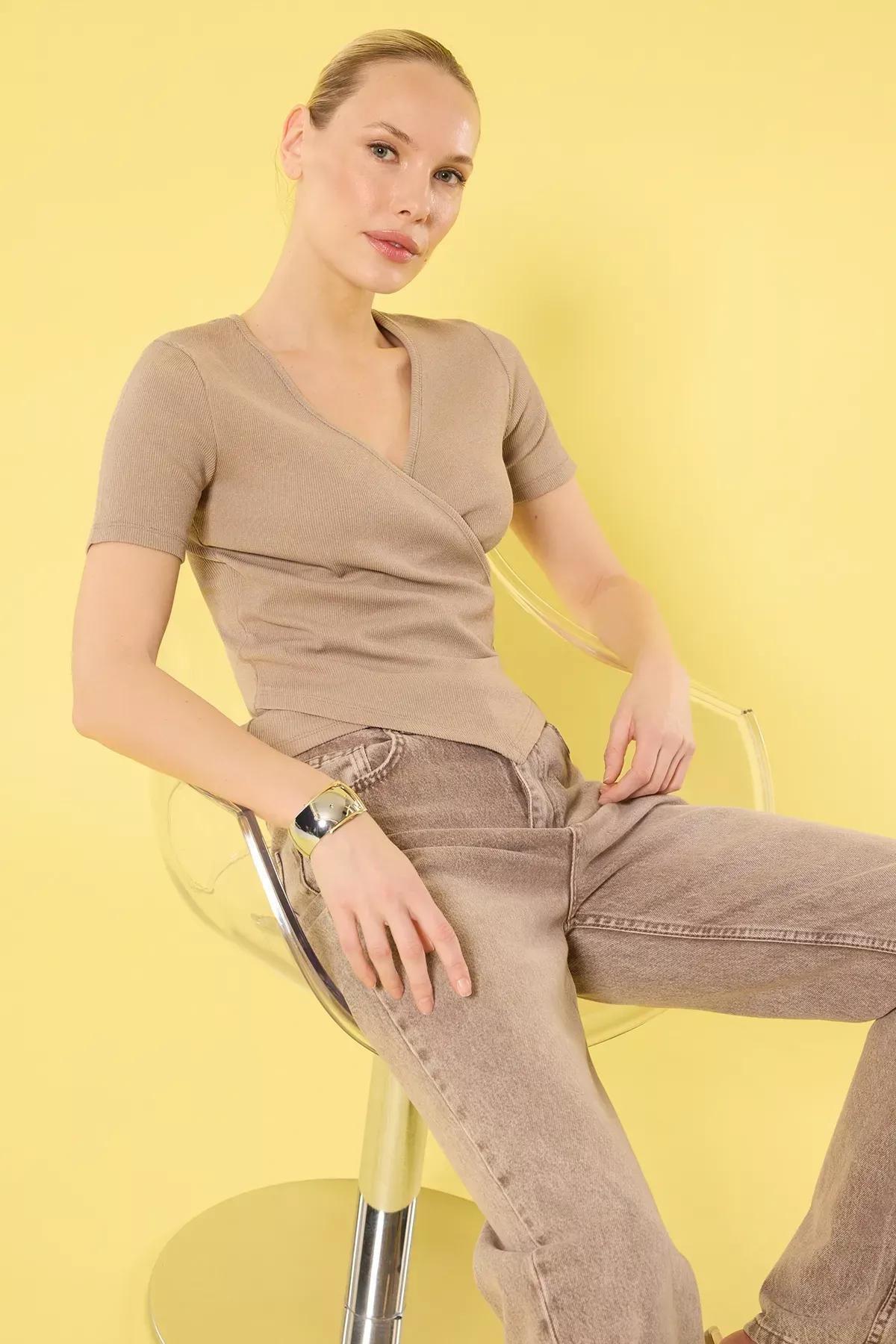 Beige Ribbed V-Neck Blouse, STONE, large image number 0