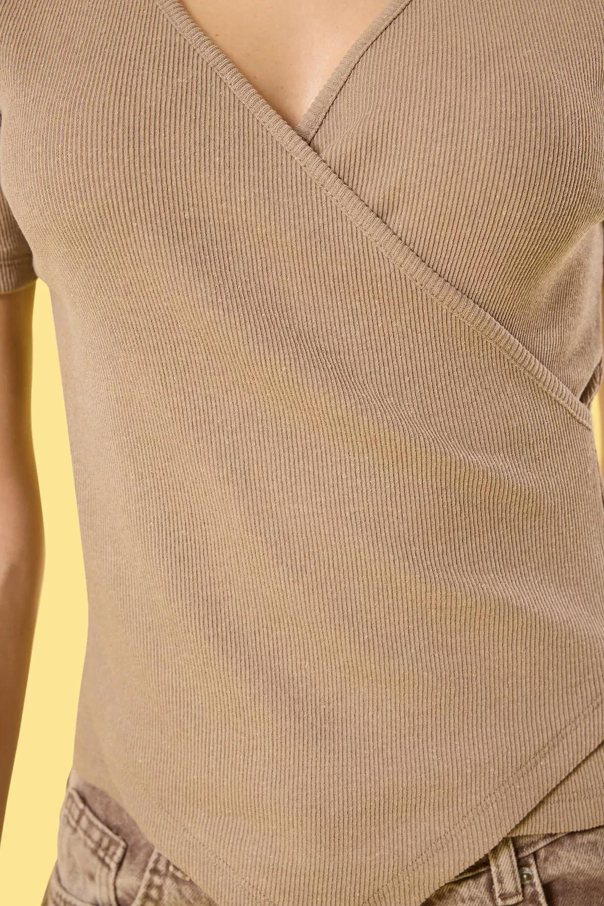 Beige Ribbed V-Neck Blouse, STONE, large image number 2