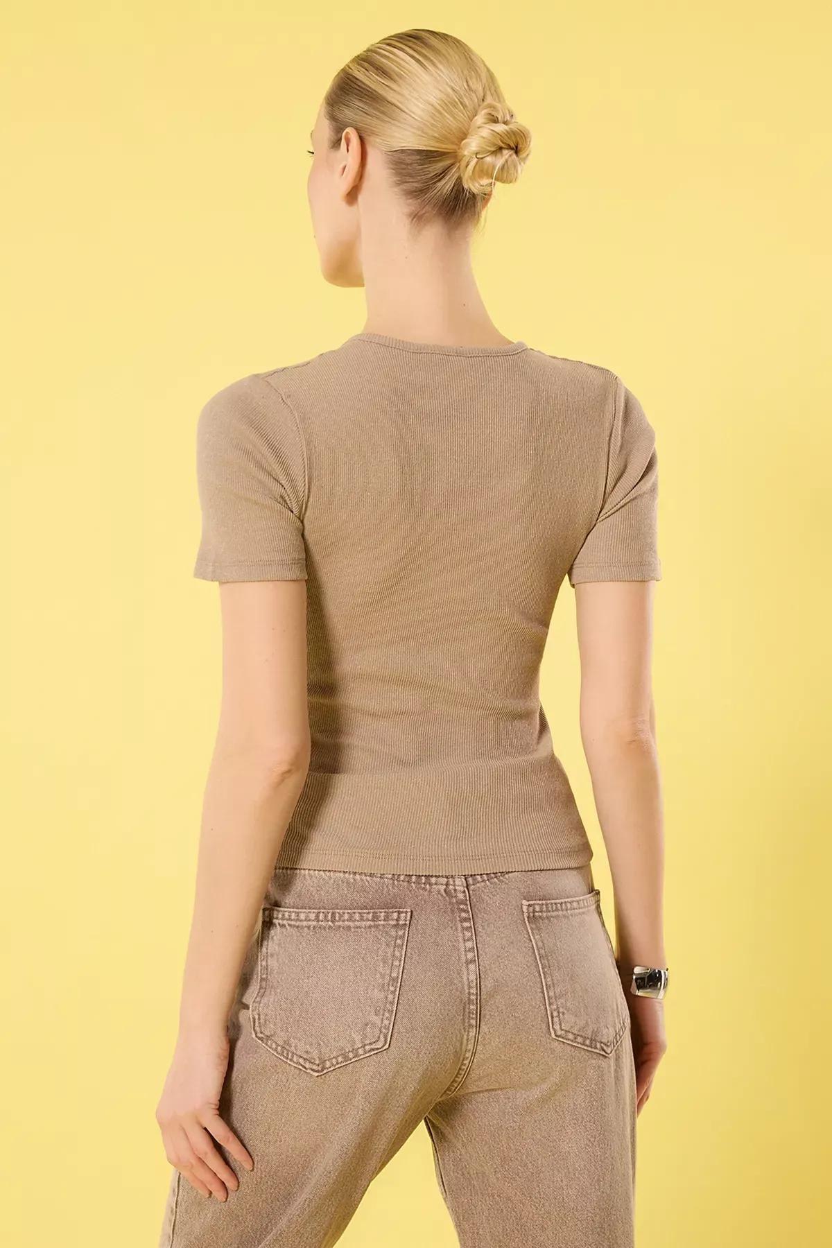 Beige Ribbed V-Neck Blouse, STONE, large image number 3