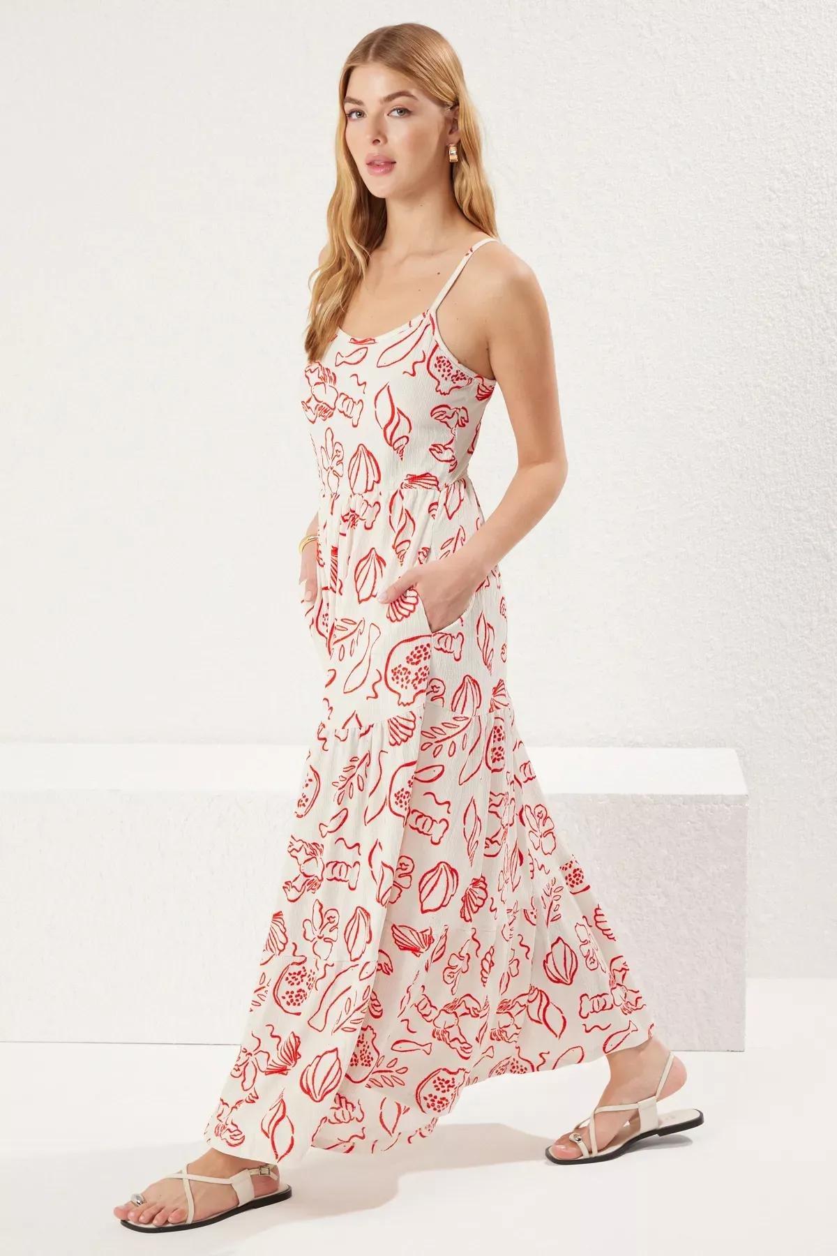 Red Printed Skater Maxi Knit Dress, Ecru, large image number 1