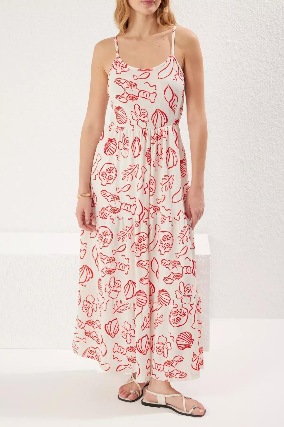 Red Printed Skater Maxi Knit Dress, Ecru, large image number 2