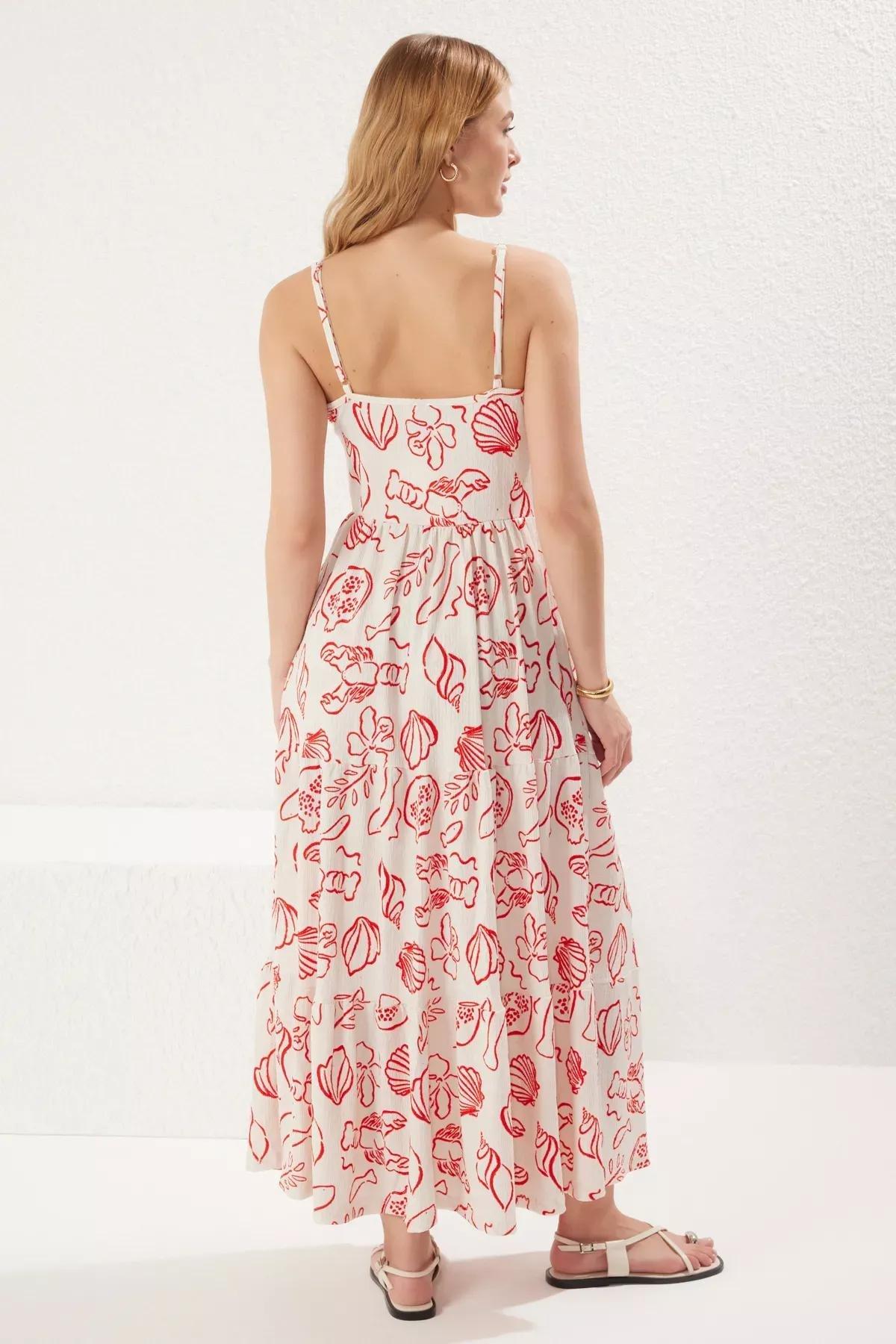 Red Printed Skater Maxi Knit Dress, Ecru, large image number 4