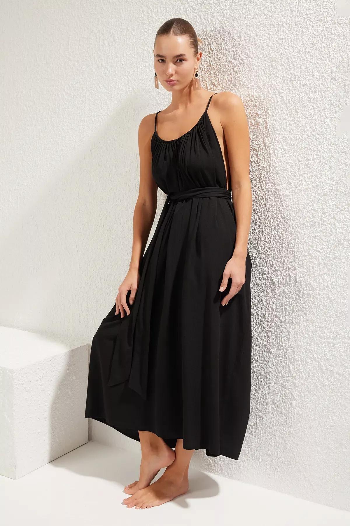 فستان طويل بحزام، أسود, BLACK, large image number 0