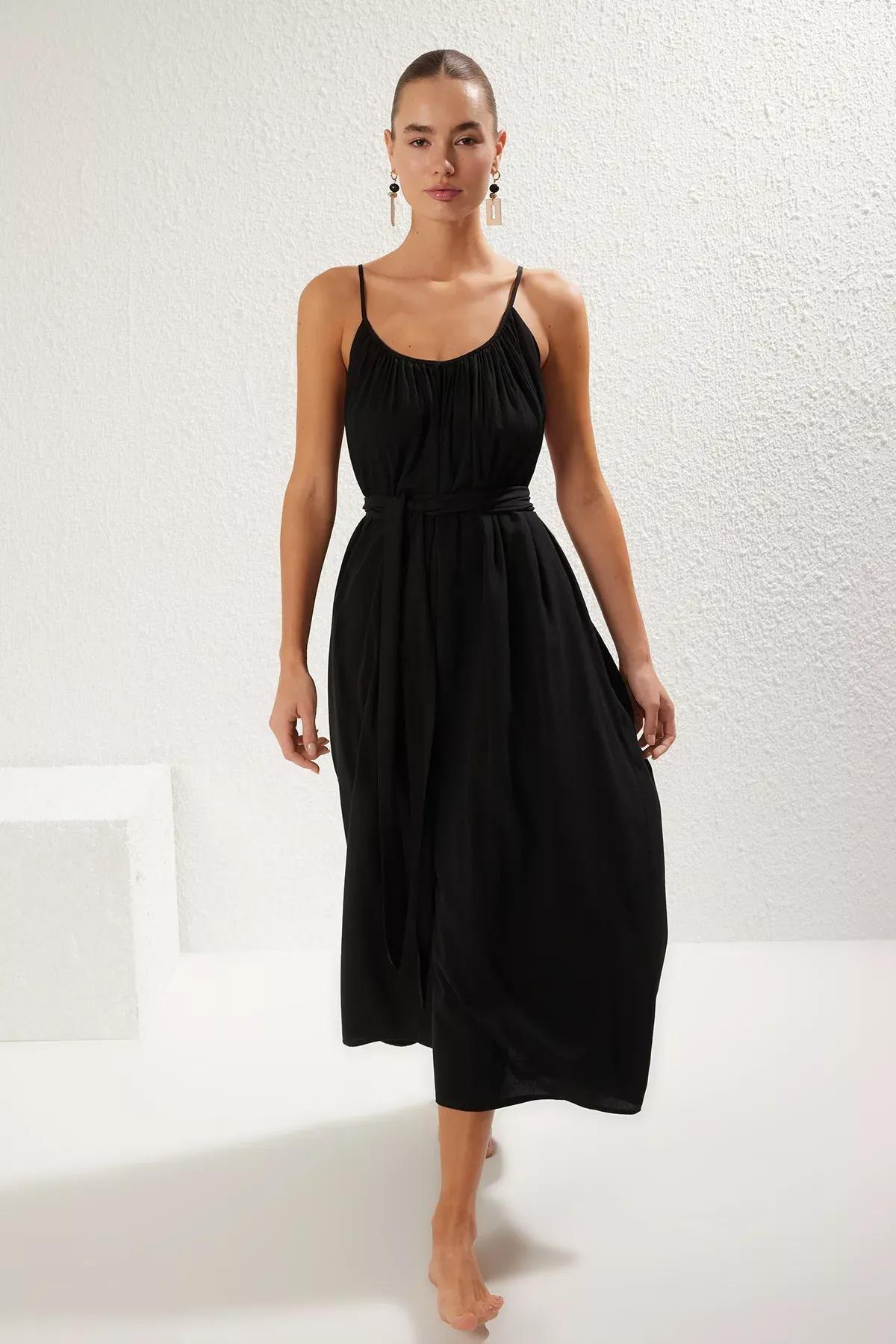 فستان طويل بحزام، أسود, BLACK, large image number 1