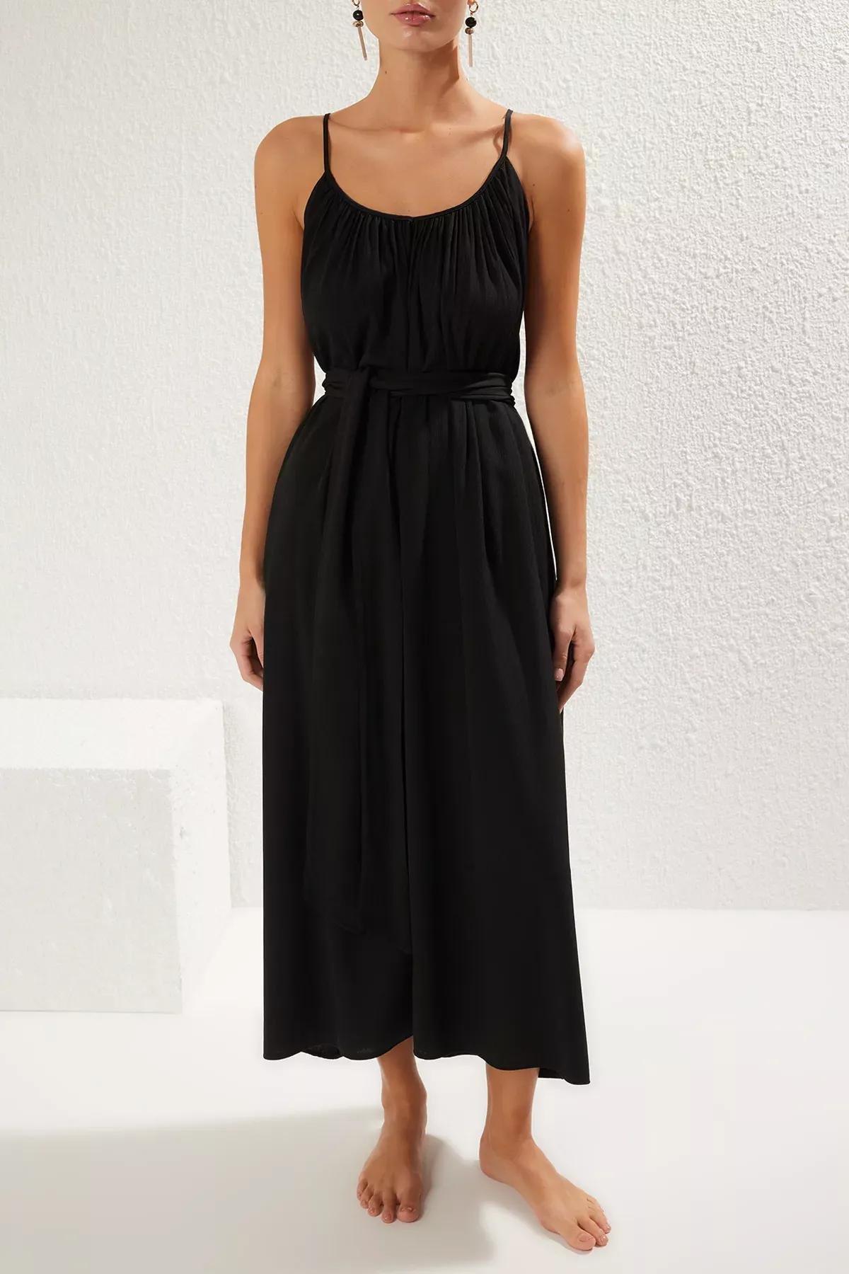 فستان طويل بحزام، أسود, BLACK, large image number 2